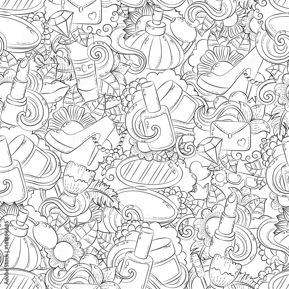 Seamless doodle hand drawn vector abstract background, texture, pattern, wallpaper, backdrop. Collection of beauty salon, cosmetics, make-up elements. Anti-stress coloring book page for adults Seamless doodle hand drawn vector abstract background, texture, pattern, wallpaper, backdrop. Collection of beauty salon, cosmetics, make-up elements. Anti-stress coloring book page for adults