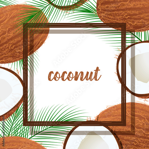 Vector frame with coconuts and tropical leaves.