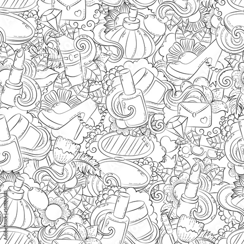 Seamless doodle hand drawn vector abstract background, texture, pattern, wallpaper, backdrop. Collection of beauty salon, cosmetics, make-up elements. Anti-stress coloring book page for adults