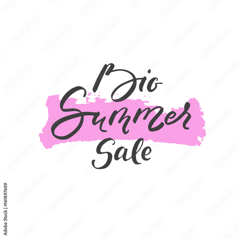 Big summer sale lettering on pink stain. Vector hand drawn illustration for greeting cards, posters and flyers.