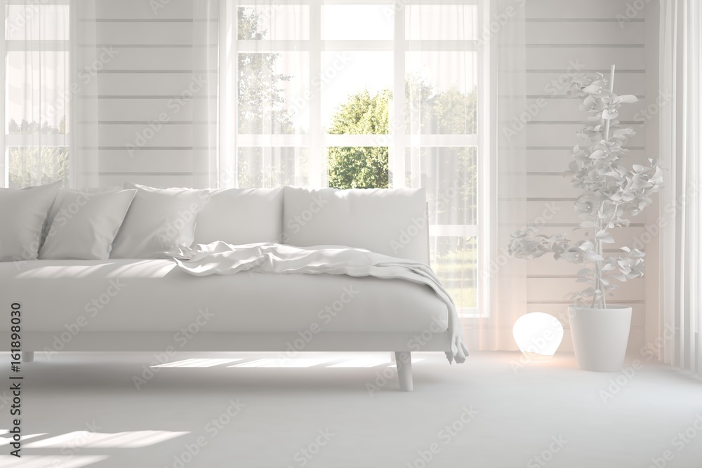 Fototapeta premium White room with sofa and green landscape in window. Scandinavian interior design. 3D illustration