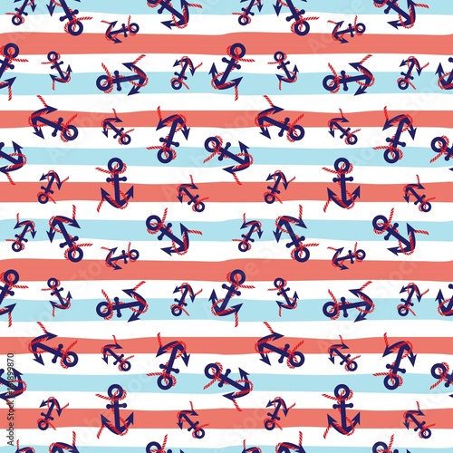Seamless pattern with blue anchors on red  white and blue marine striped background. Cute and simple nautical design.