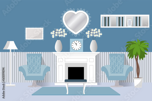 The interior of the room. Vector. Living room design living room. Cartoon background in flat design with fireplace and two armchairs.