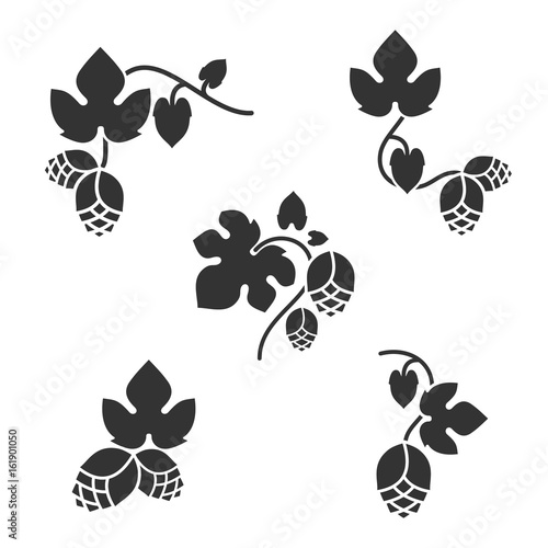  Set of decorative icons with inflorescence and hop leaves. Vector design elements.