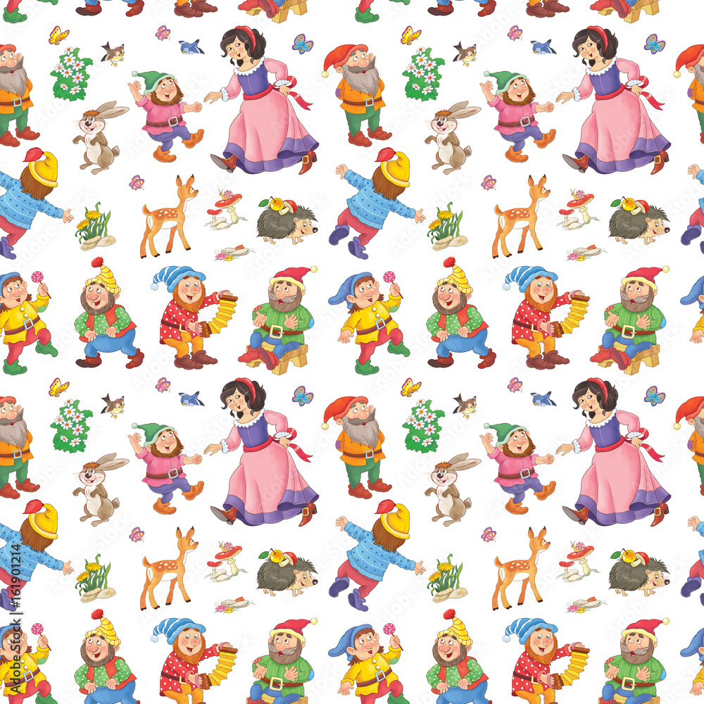 Fairy tale. Snow White and the seven dwarfs. Seamless pattern. Illustration for children. Cute and funny cartoon characters Fairy tale. Snow White and the seven dwarfs. Seamless pattern. Illustration for children. Cute and funny cartoon characters