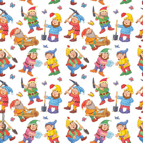 Snow White and the seven dwarfs. Seamless pattern. Illustration for children. Cute and funny cartoon characters