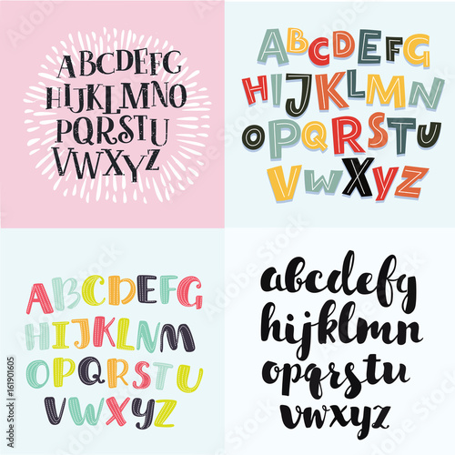 Vector set of four difference english Alphabets. Cute colorful vector English alphabet, vintage font, funny hand written font and capital ABC.