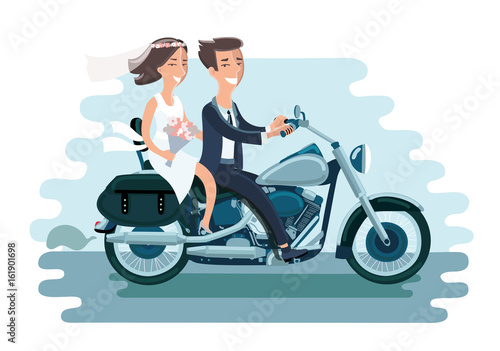 Vector illustration of wedding young couple riding the motorcycle on white isolated background