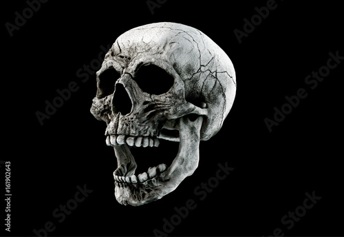 Human Scary Skull Locally Deformed in Rich colors in to the White or Dark Background. Concept of death, horror. Spooky halloween symbol. Illustration of 3D rendering.