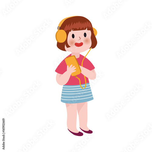 Cute cartoon little girl listening music in headphones colorful character vector Illustration