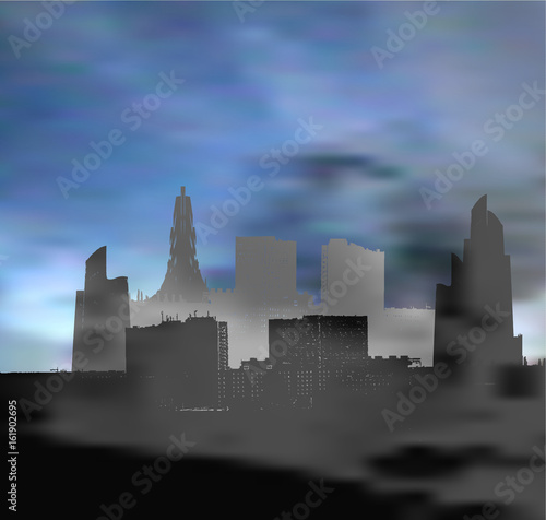 Landscape with panoramic city infested with smog. Dark landscape with skyscrapers, clouds and polluted air