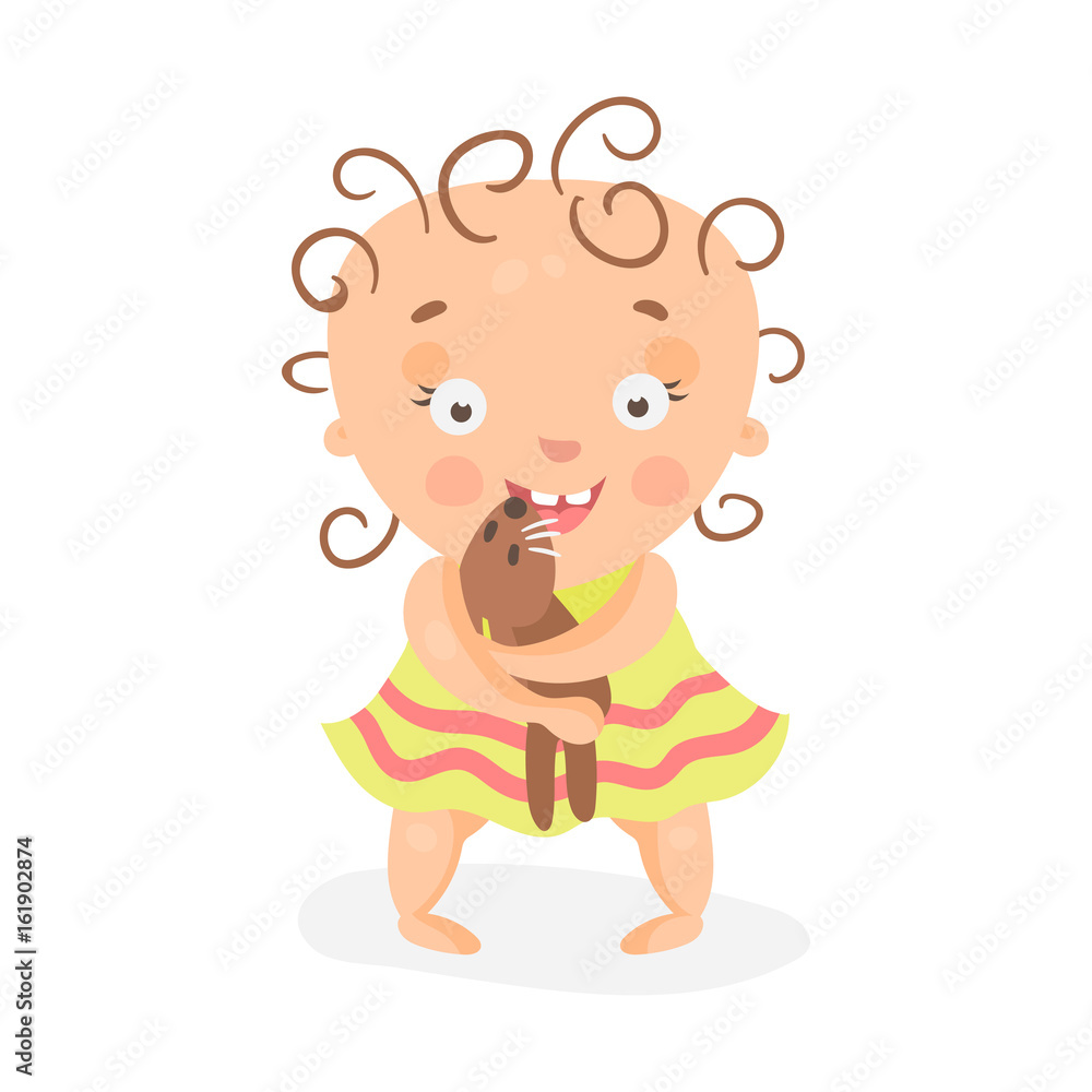 Cute cartoon curly baby girl in yellow dress playing with teddy bear colorful character vector Illustration