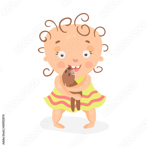 Cute cartoon curly baby girl in yellow dress playing with teddy bear colorful character vector Illustration