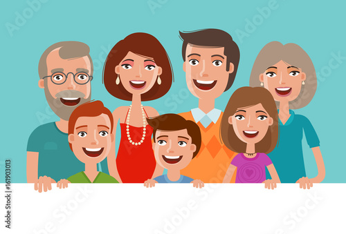 Happy cheerful family, banner. People, children and parents concept. Cartoon vector illustration