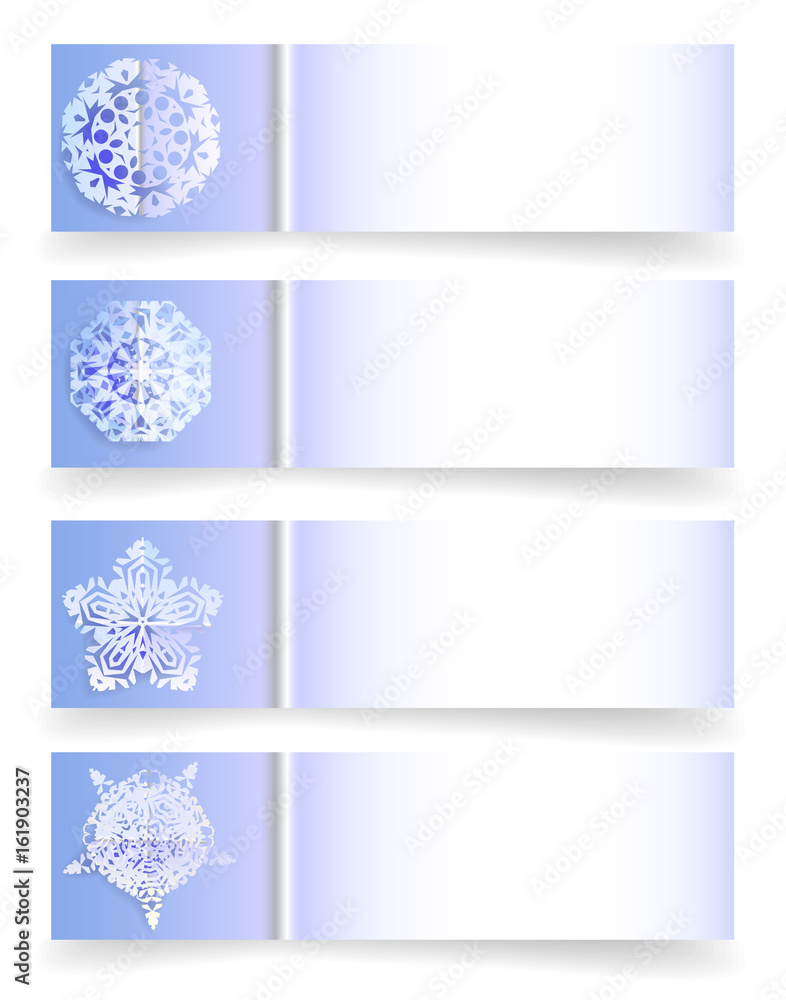 Design template with four paper christmas banners with folded snowflakes. Blue and white winter banners with stylized snowflakes