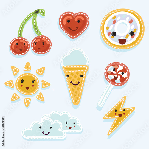 Quirky cartoon patch badge wiyh smiling facess or fashion pin badges