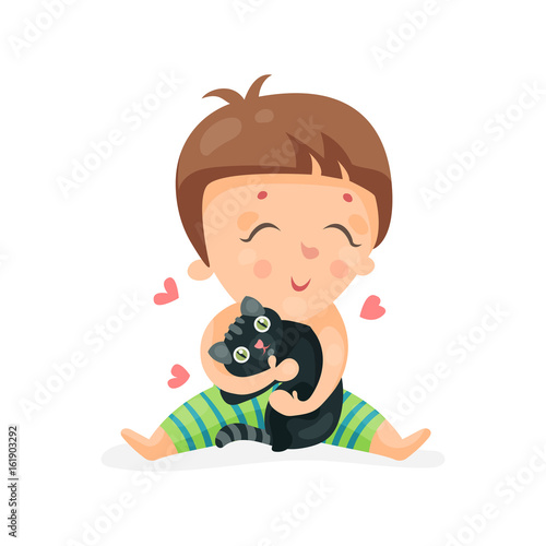 Adorable cartoon toddler baby hugging a black kitten colorful character vector Illustration