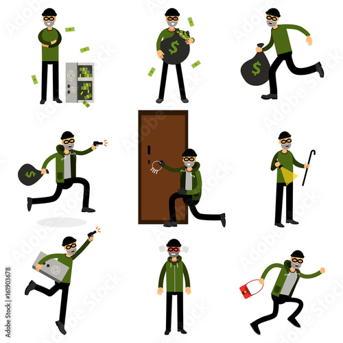 Burglars committing crimes set, sneaking thiefs vector Illustrations