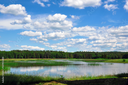 Landscape with lake forest and blue sky with clouds