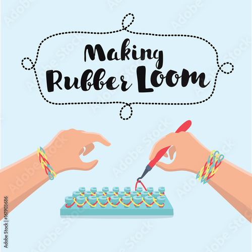 Vector cartoon illustration of hand if little girl making a rubber loom bracelet with a hook. 