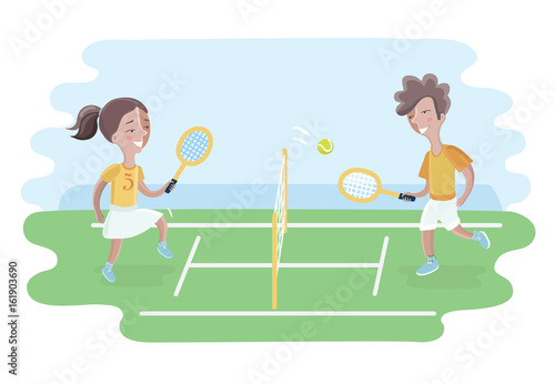 Two kids play tennis on court. Girls and boy