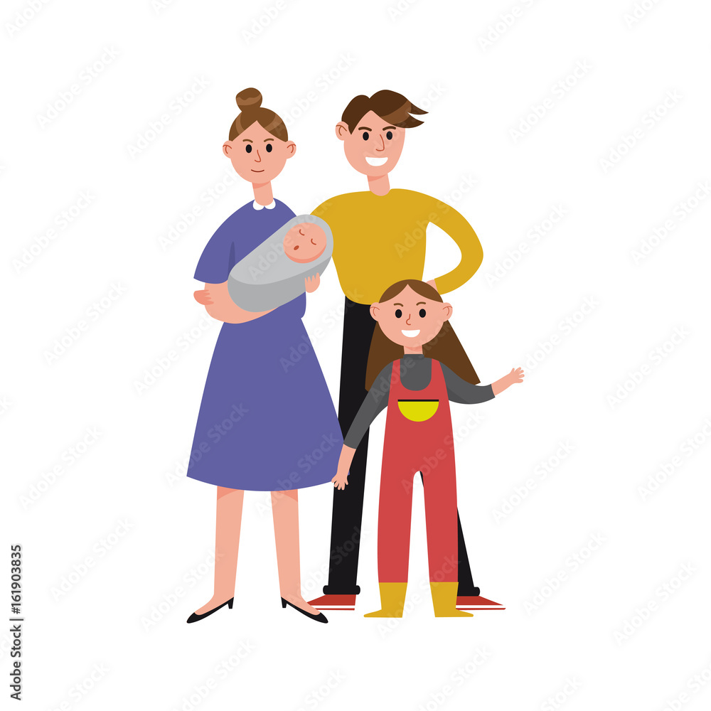 Parents with their two children cartoon characters, happy family vector Illustration