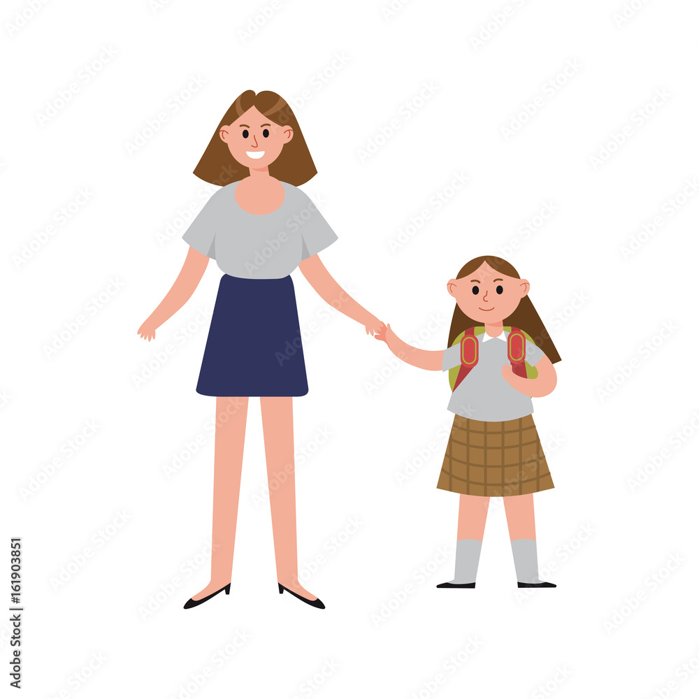 Mother taking her daughter to school cartoon characters, happy mom with her child vector Illustration Mother taking her daughter to school cartoon characters, happy mom with her child vector Illustration