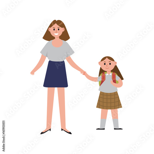 Mother taking her daughter to school cartoon characters, happy mom with her child vector Illustration