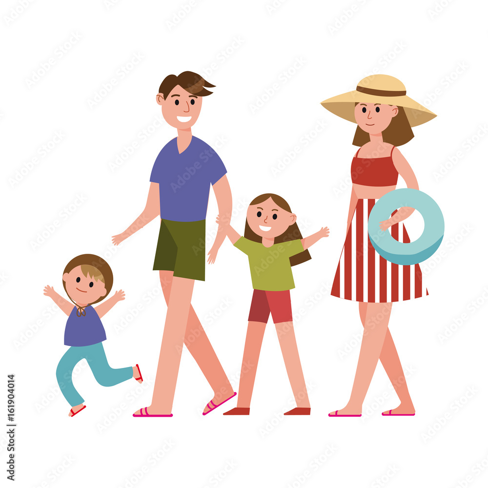 Happy parents with kids on summer vacations cartoon characters, beach holidays vector Illustration Happy parents with kids on summer vacations cartoon characters, beach holidays vector Illustration