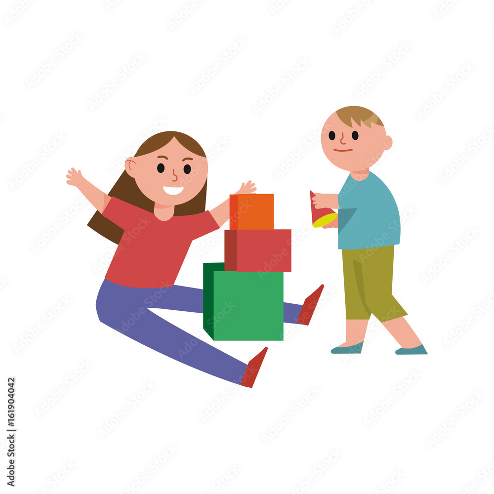 Fototapeta premium Happy children playing building blocks cartoon characters, brother and sister play together vector Illustration
