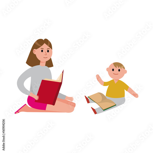Mother reading a book to her cute son cartoon characters vector Illustration © Happypictures