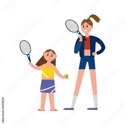 Happy mother playing tennis with her daughter cartoon characters, happy family playing sports together vector Illustration