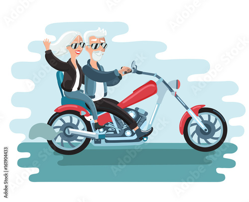 Cartoon vector illustration of elderly couple on motorbike. 