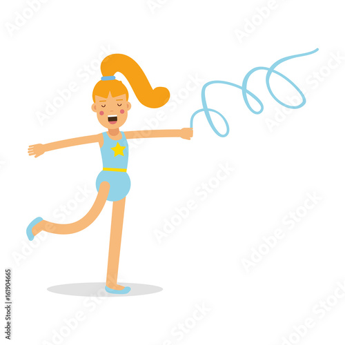 Flexible girl gymnast with blue ribbon cartoon character, kids physical activities vector Illustration photo