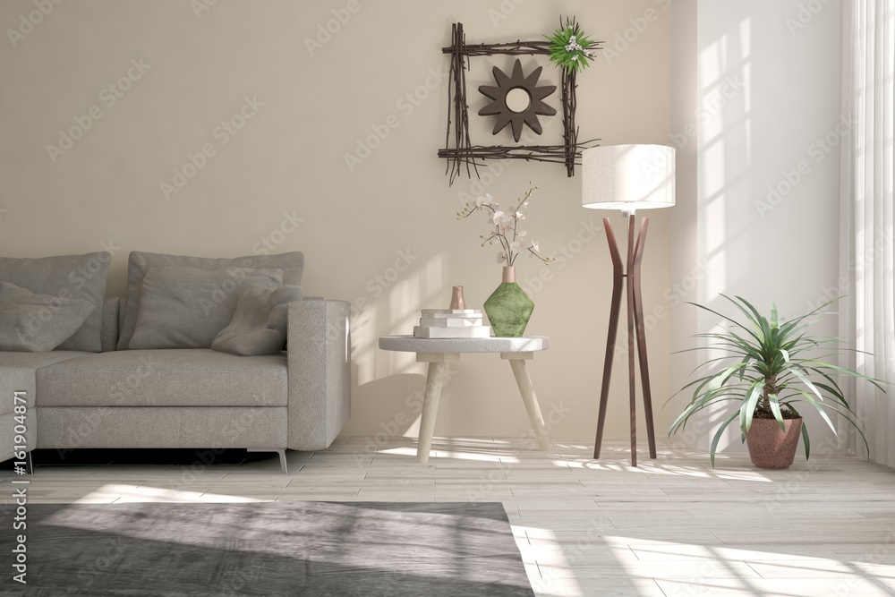 White room with sofa and lamp. Scandinavian interior design. 3D illustration