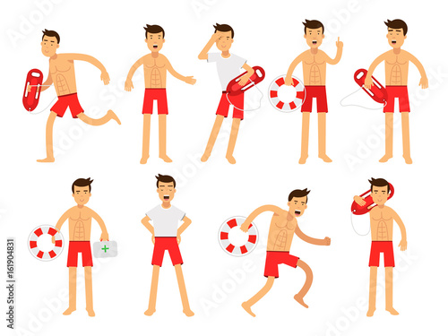 Young lifeguard man character doing his job set. Water rescue of colorful vector Illustrations