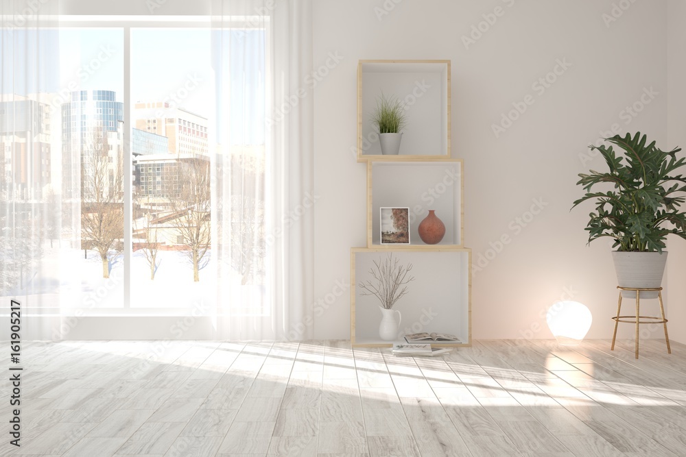 Fototapeta premium White empty room with shelf and urban landscape in window. Scandinavian interior design. 3D illustration