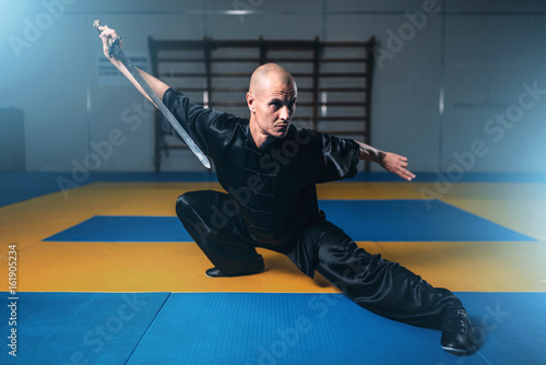 Wushu master training with sword, martial arts