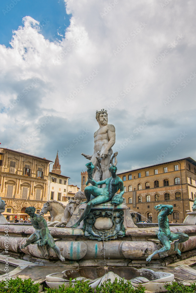 Fountain Neptune in Piazza della Signoria in Florence, Italy. Florence famous fountain. Florence architecture. One of the main landmarks in Florence.