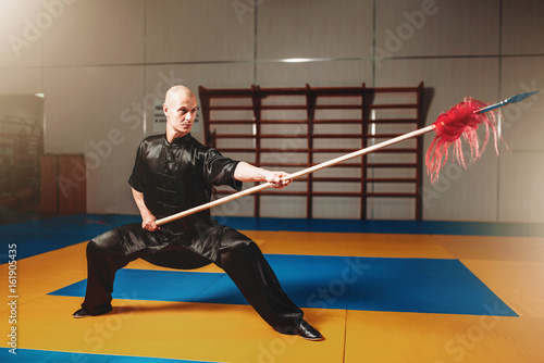 Wushu master training with spear, martial arts