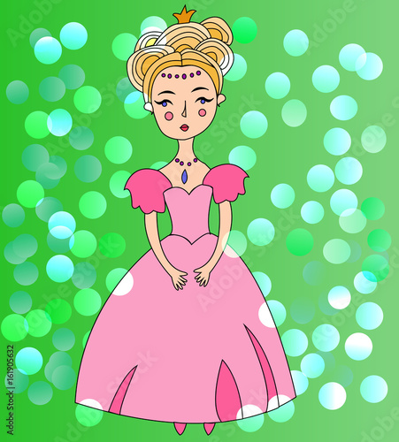 Vector young princess in ball dress in cartoon style. 