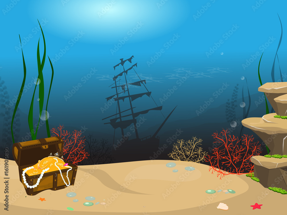 Underwater world background. Underwater landscape with sunken ship and ...