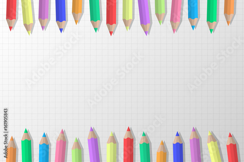 Colored pencils on squared paper background. Vector.