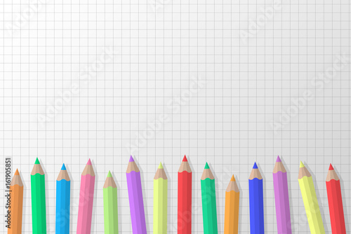 Colored pencils on squared paper background. Vector.
