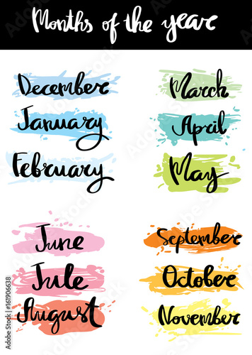 Brush handwritten calligraphy names of months january february march april may june july