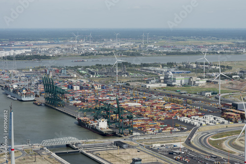 Aerial image of DP World Antwerp at deurganck dock terminal with container ship MSC Alyssa