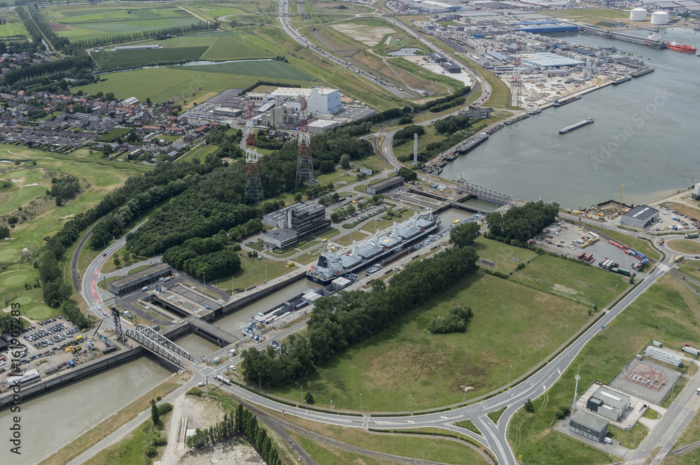Aerial image of Kallosluis at Port of Antwerp with the HBC MV Venture Spirit Bulker vessel in the lock