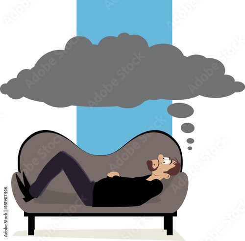 Man lying on a psychiatrist's couch having a dark cloud of thoughts above his head, EPS 8 vector illustration