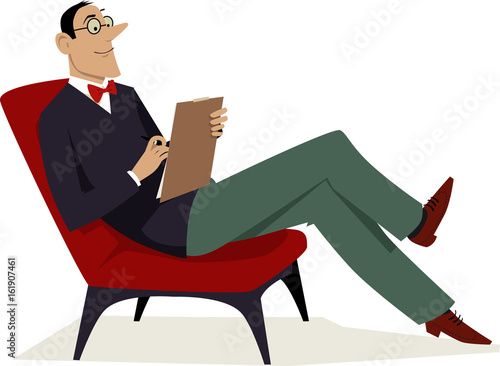 Psychoanalyst sitting in a chair with a notepad, EPS 8 vector illustration 