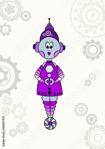 Vector cartoon girl robot with gears and on the weel